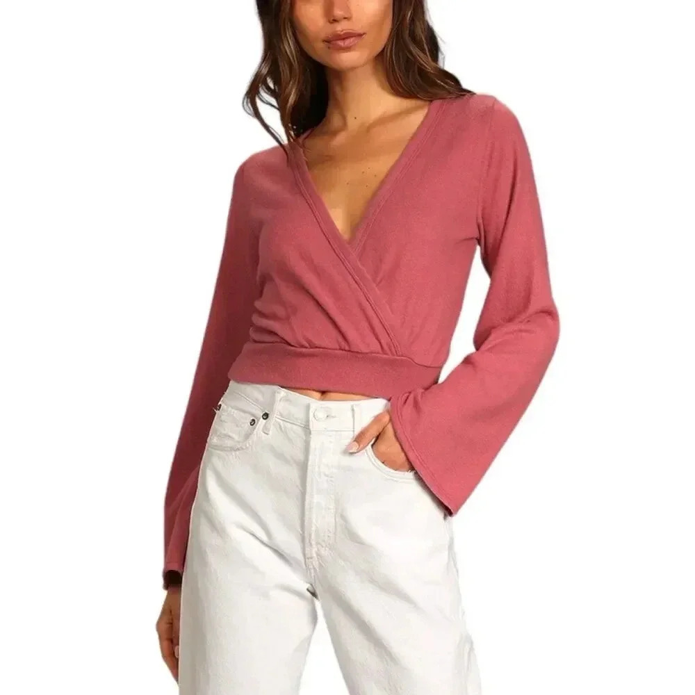 Lulus Pink Back to the Trend Long Bell Sleeve Keyhole Back Top M